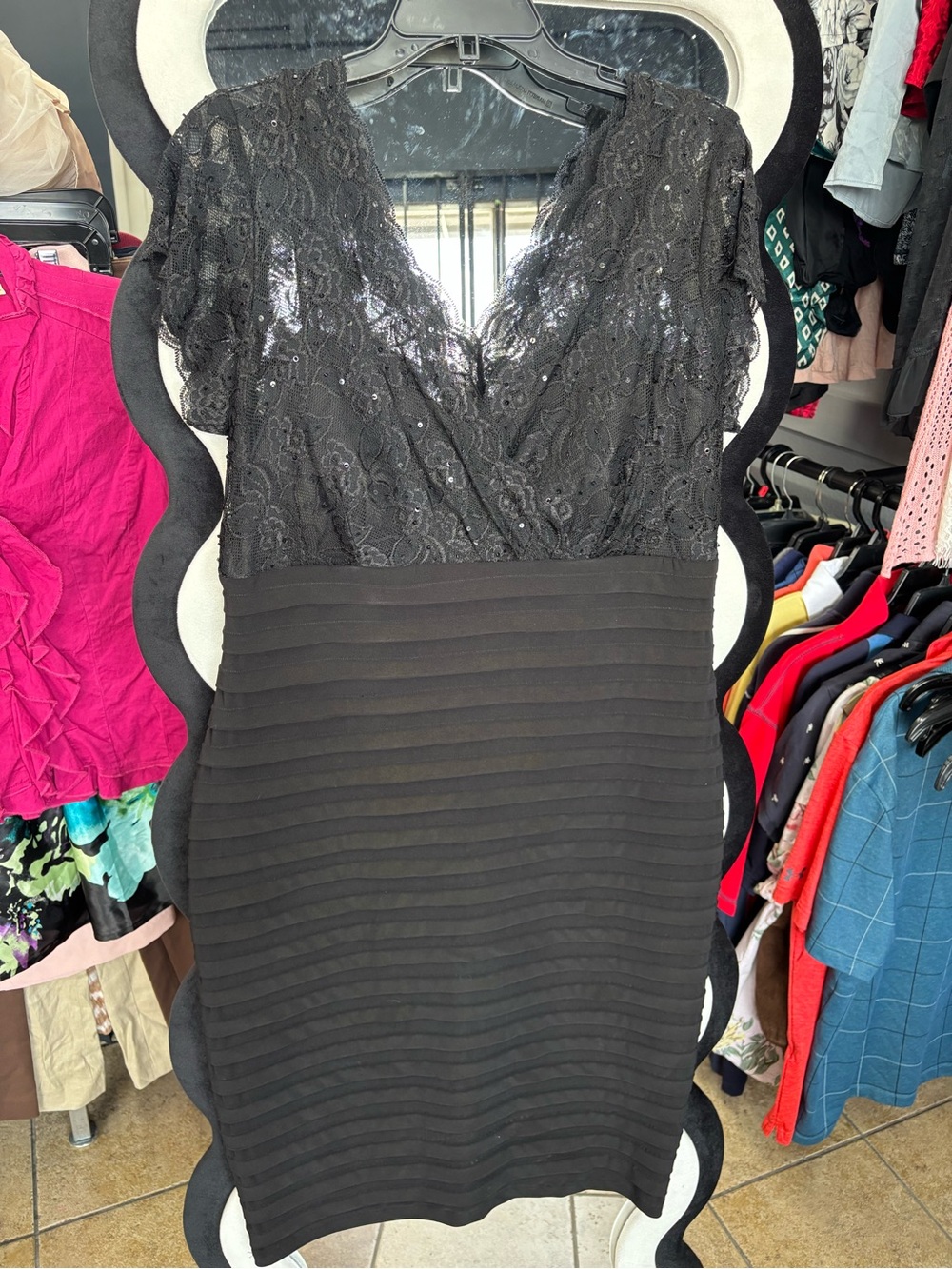 BETSY & ADAM Black Lace V-Neck Bandage Midi Dress